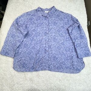 Susan Graver Purple Floral Burnout Blouse Semi Sheer Boxy Button Up 3X